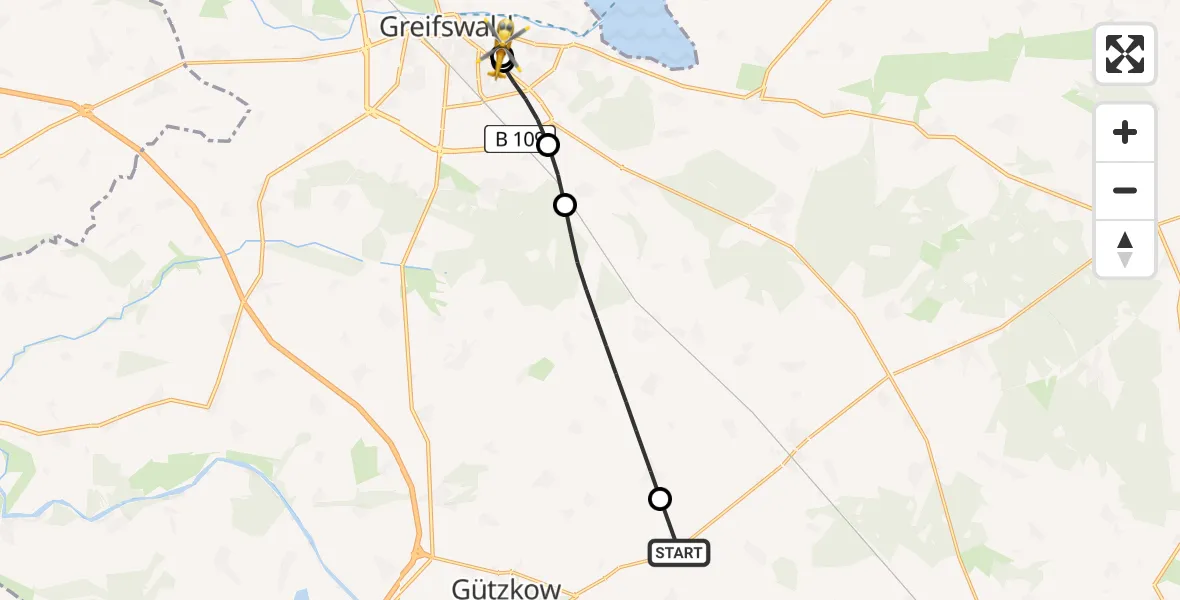 Flugroute Rettungshubschrauber Gribow - Greifswald Hospital, 30 Juni 2026, 12:51