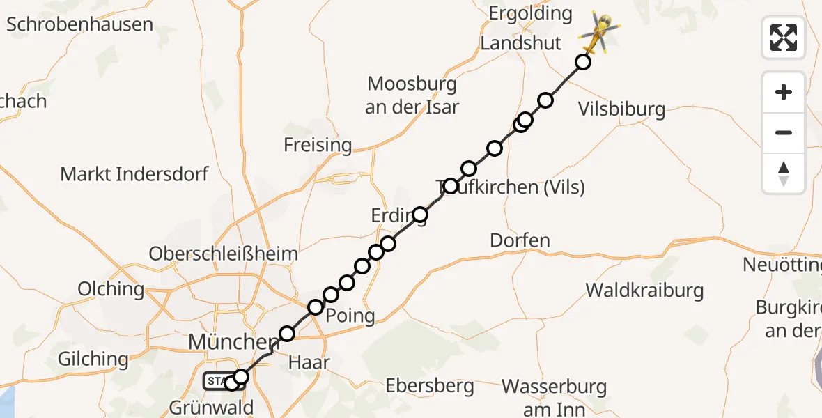 Flugroute Rettungshubschrauber ADAC Air Rescue Center Hubschrauberlandeplatz (Christoph 1) - Adlkofen, 30 Juni 2026, 12:57