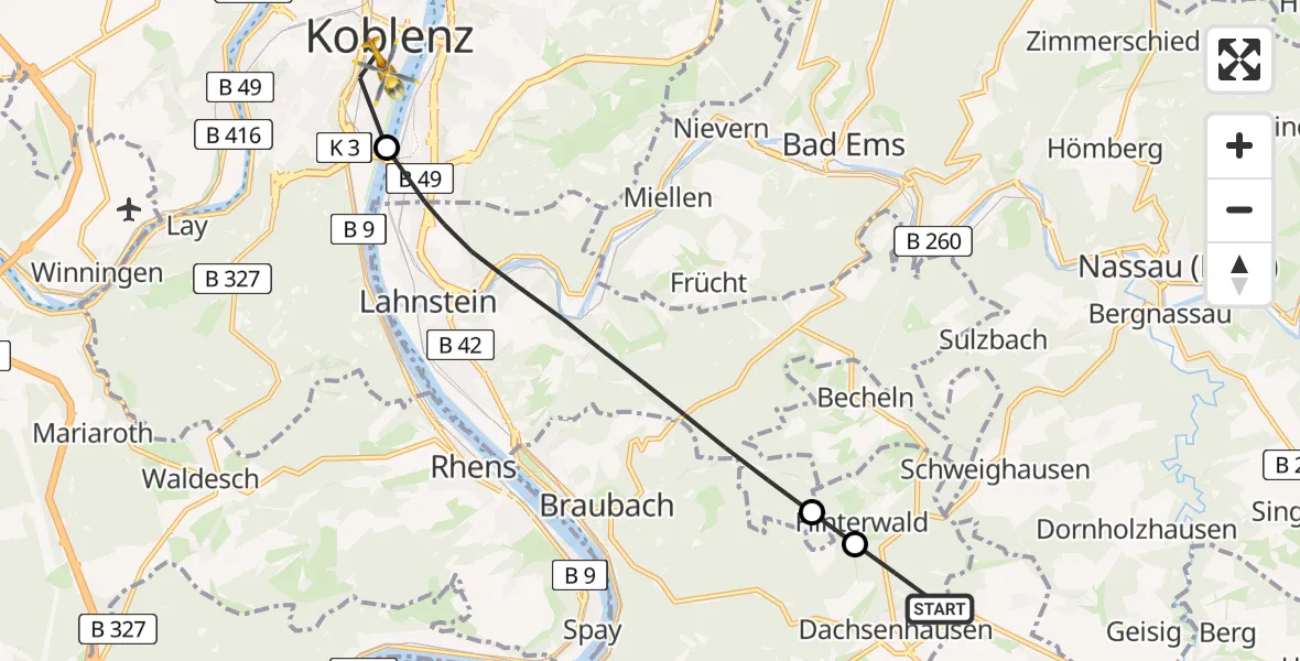 Flugroute Rettungshubschrauber Dachsenhausen - Koblenz, 30 Juni 2026, 12:57