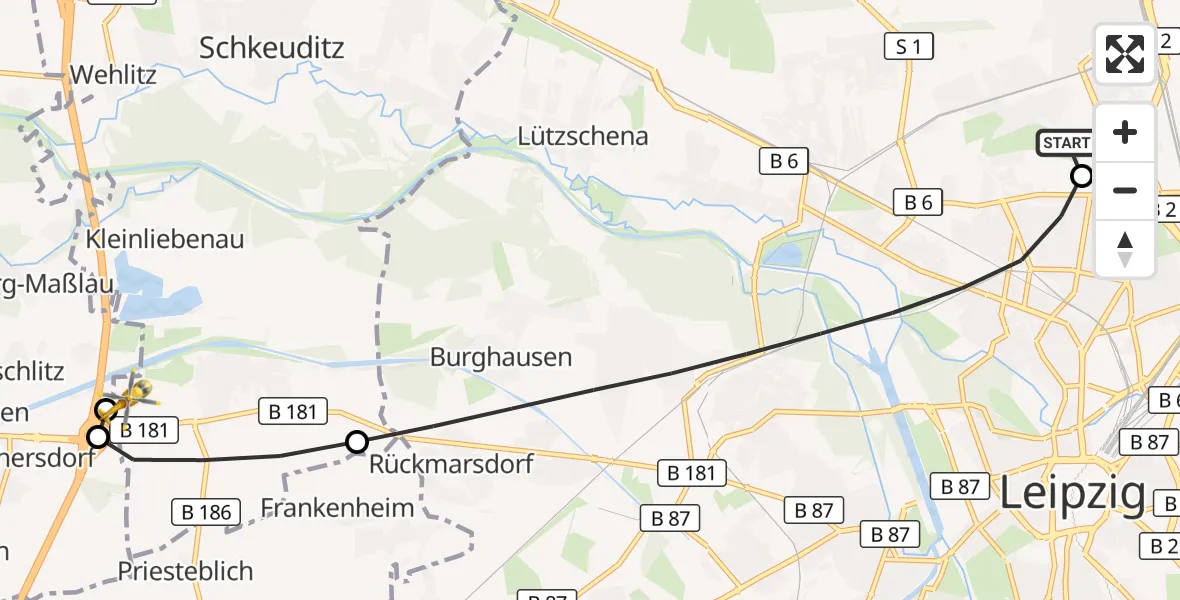 Flugroute Rettungshubschrauber Sankt Georg Hospital Leipzig Reserve - ADAC Air Rescue Station Leipzig/Schkeuditz-Dölzig Hubschrauberlandeplatz (Christoph 61), 30 Juni 2026, 13:00