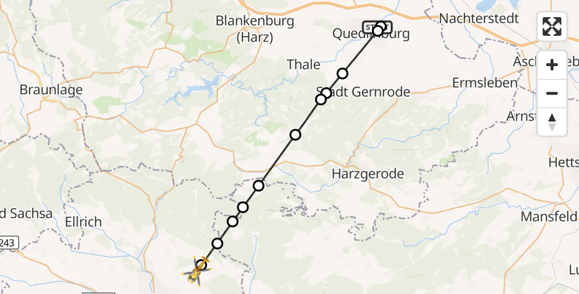 Flugroute Rettungshubschrauber Harz Hospital Quedlinburg - Nordhausen, 30 Juni 2026, 13:01