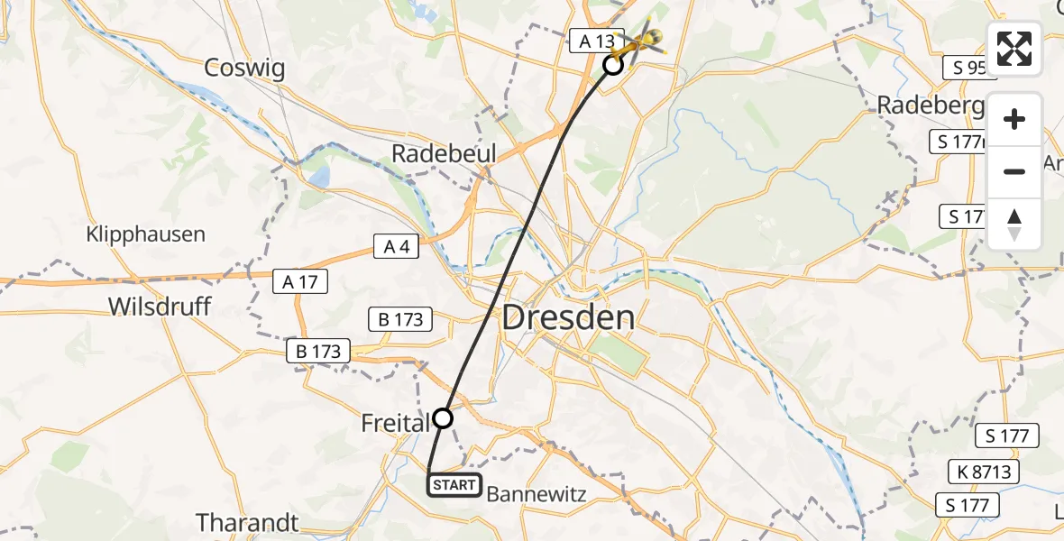 Flugroute Rettungshubschrauber Freital - Dresden Bundespolizei Hubschrauberlandeplatz, 30 Juni 2026, 13:02