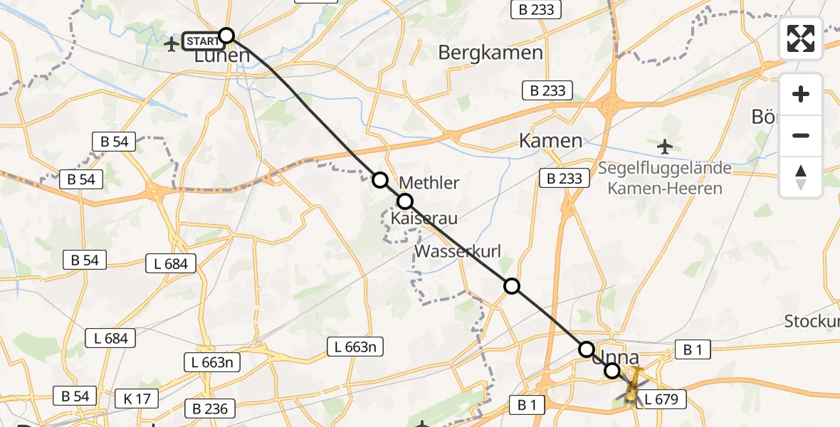 Flugroute Rettungshubschrauber Sankt Marien Hospital - Unna, 30 Juni 2026, 13:13