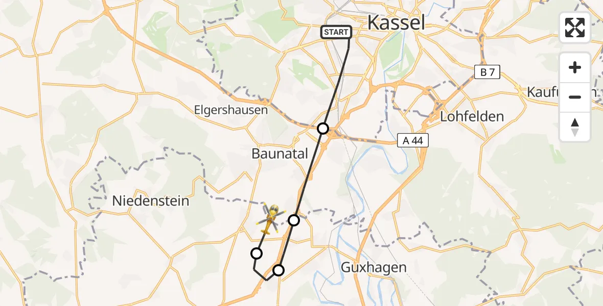 Flugroute Rettungshubschrauber Kassel - Baunatal, 30 Juni 2026, 13:19