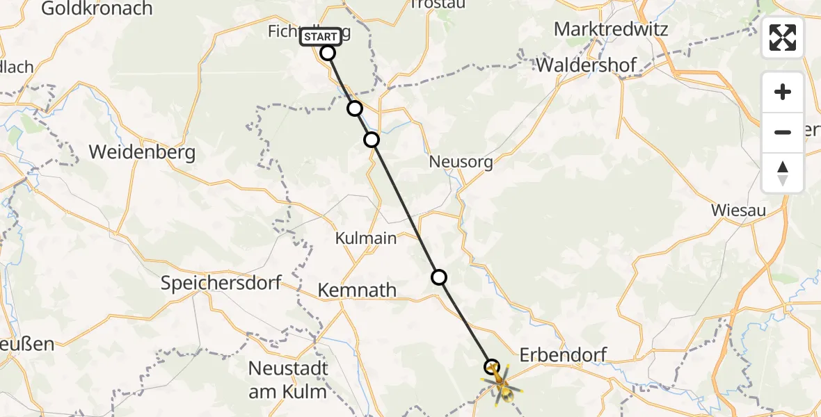 Flugroute Rettungshubschrauber Fichtelberg - Erbendorf, 30 Juni 2026, 13:20