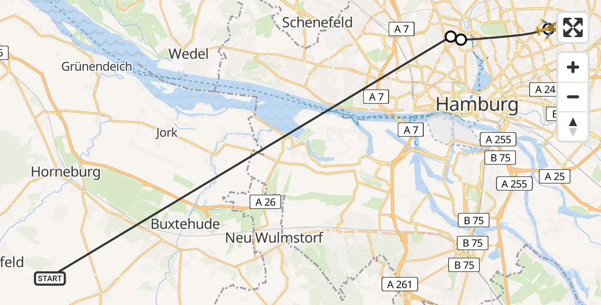 Flugroute Rettungshubschrauber Harsefeld - Hamburg Military Hospital, 30 Juni 2026, 13:22