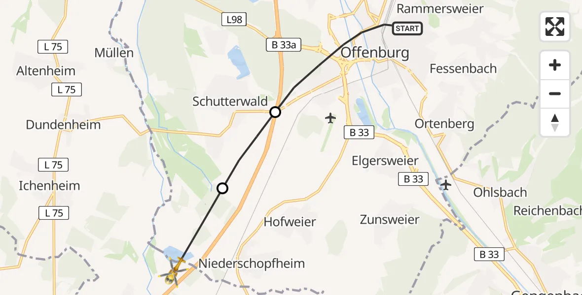 Flugroute Rettungshubschrauber Offenburg - Friesenheim, 30 Juni 2026, 13:23
