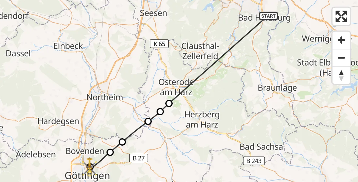 Flugroute Rettungshubschrauber Bad Harzburg - Göttingen University Clinic Hubschrauberlandeplatz, 30 Juni 2026, 13:26