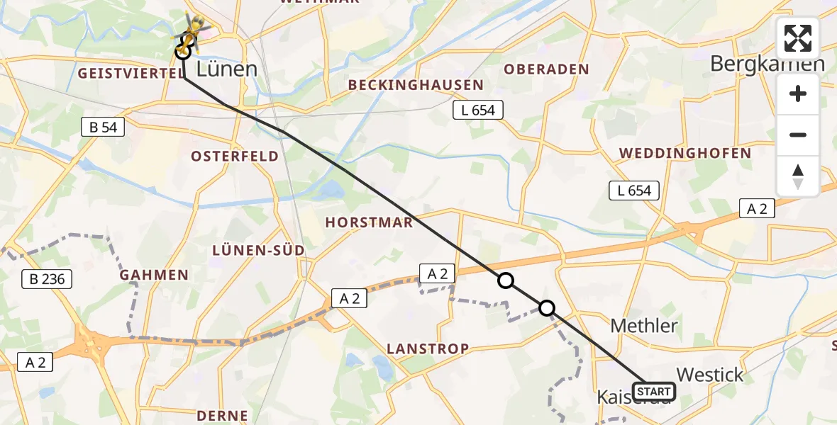 Flugroute Rettungshubschrauber Kamen - Sankt Marien Hospital, 30 Juni 2026, 13:35