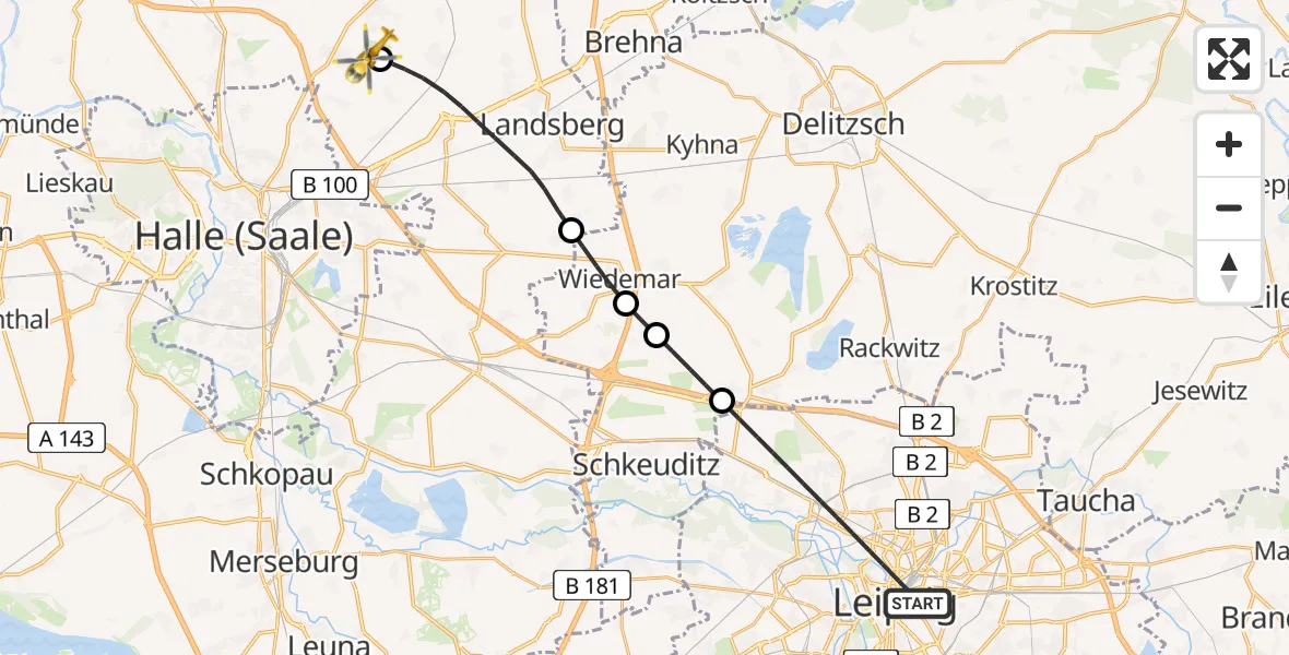 Flugroute Rettungshubschrauber Leipzig - Halle-Oppin Flugplatz, 30 Juni 2026, 13:35