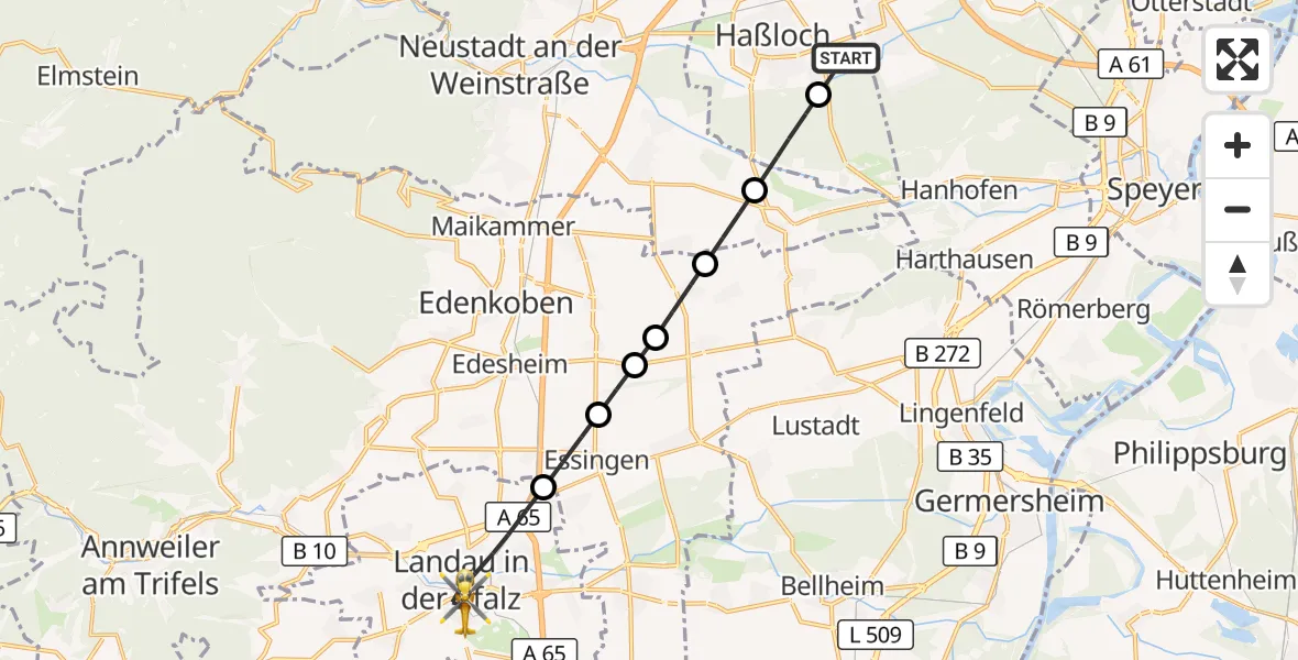 Flugroute Rettungshubschrauber Haßloch Flugplatz - Landau in der Pfalz, 30 Juni 2026, 13:35