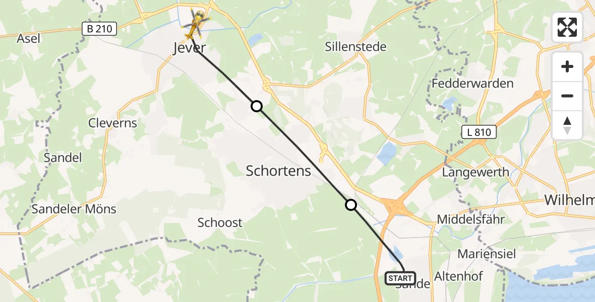 Flugroute Rettungshubschrauber Sande - Jever, 30 Juni 2026, 13:36