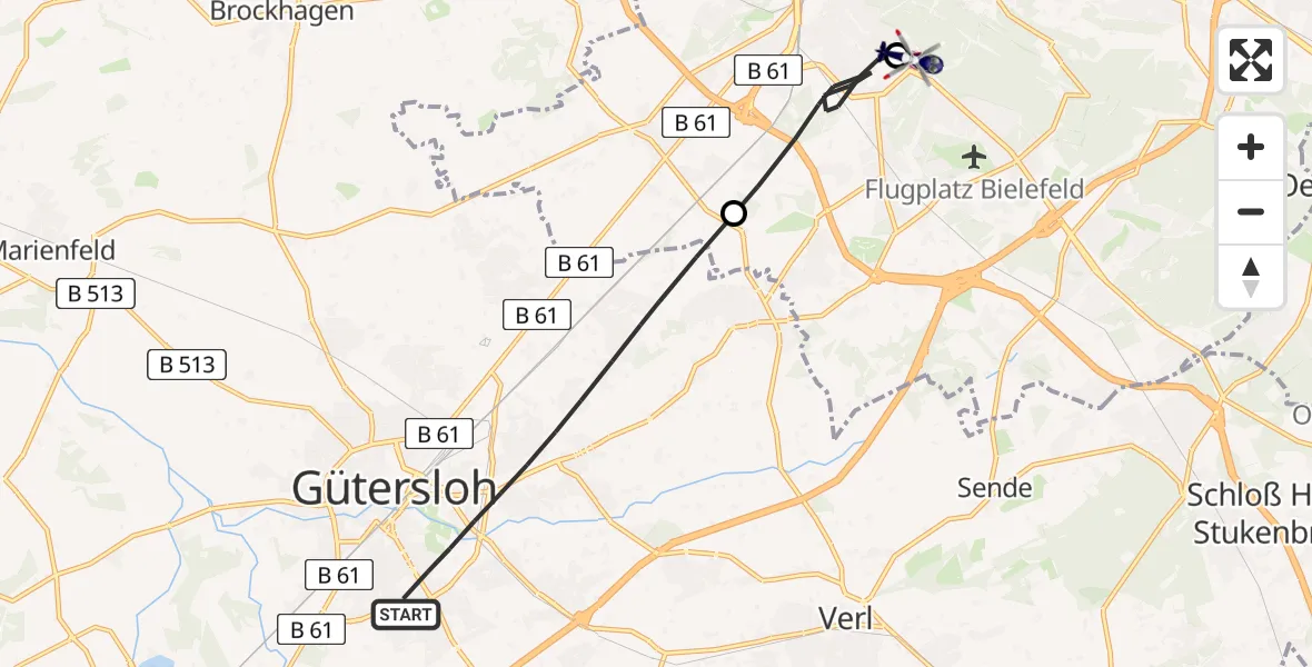 Flugroute Polizeihubschrauber Gütersloh - Luftrettungszentrum Bielefeld, 30 Juni 2026, 13:37