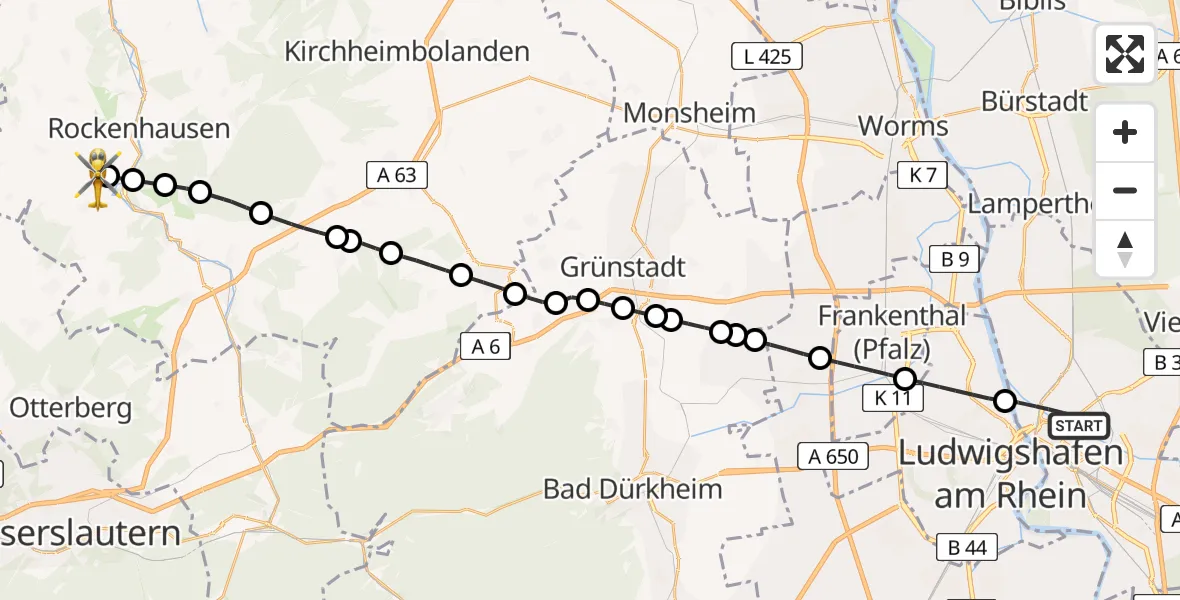 Flugroute Rettungshubschrauber Mannheim - Imsweiler UL, 30 Juni 2026, 13:41