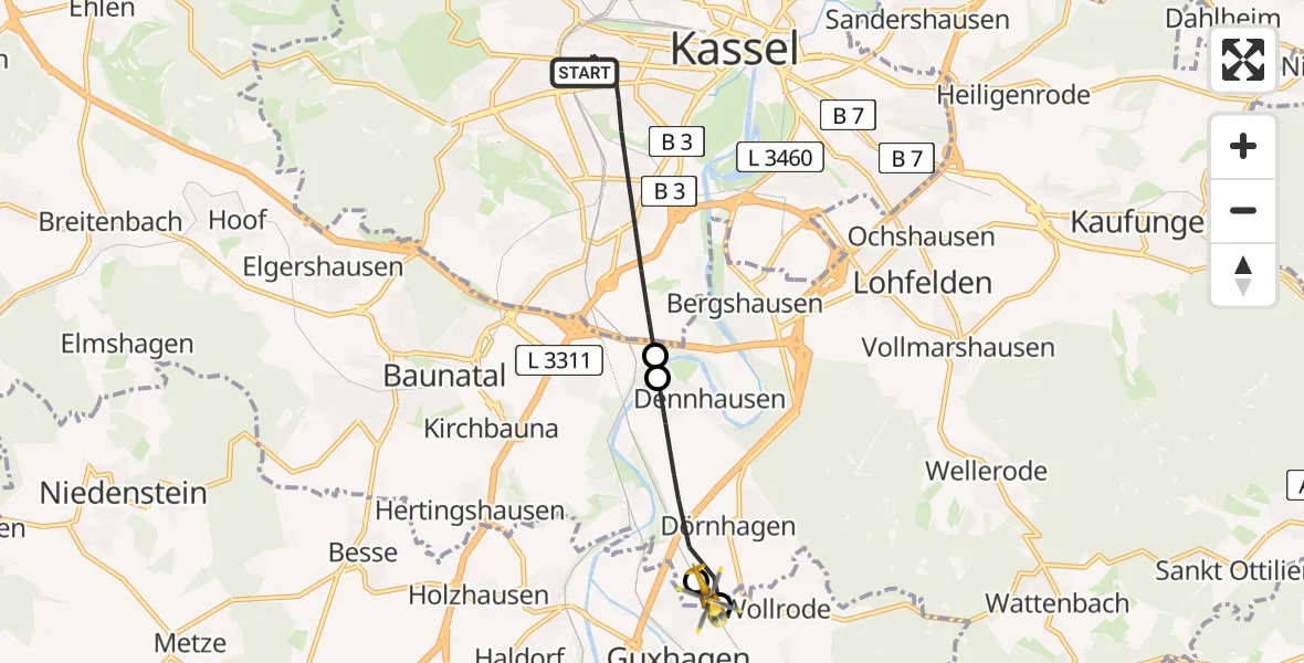 Flugroute Rettungshubschrauber Kassel - Fuldabrück, 30 Juni 2026, 13:46