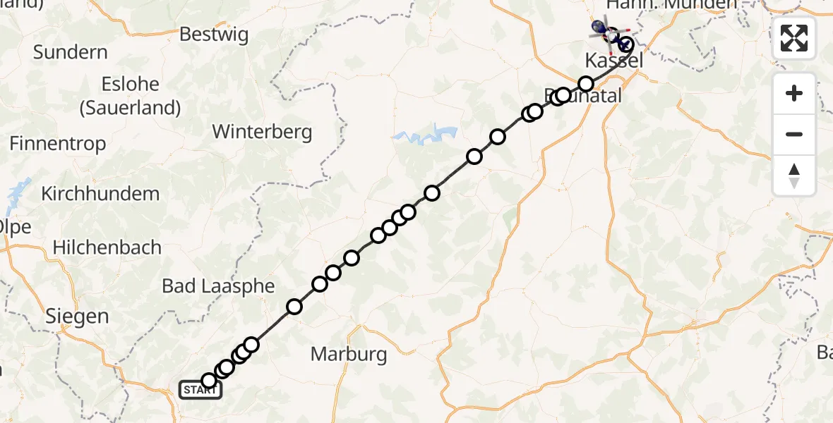 Flugroute Polizeihubschrauber Dillenburg - Vellmar, 30 Juni 2026, 13:49