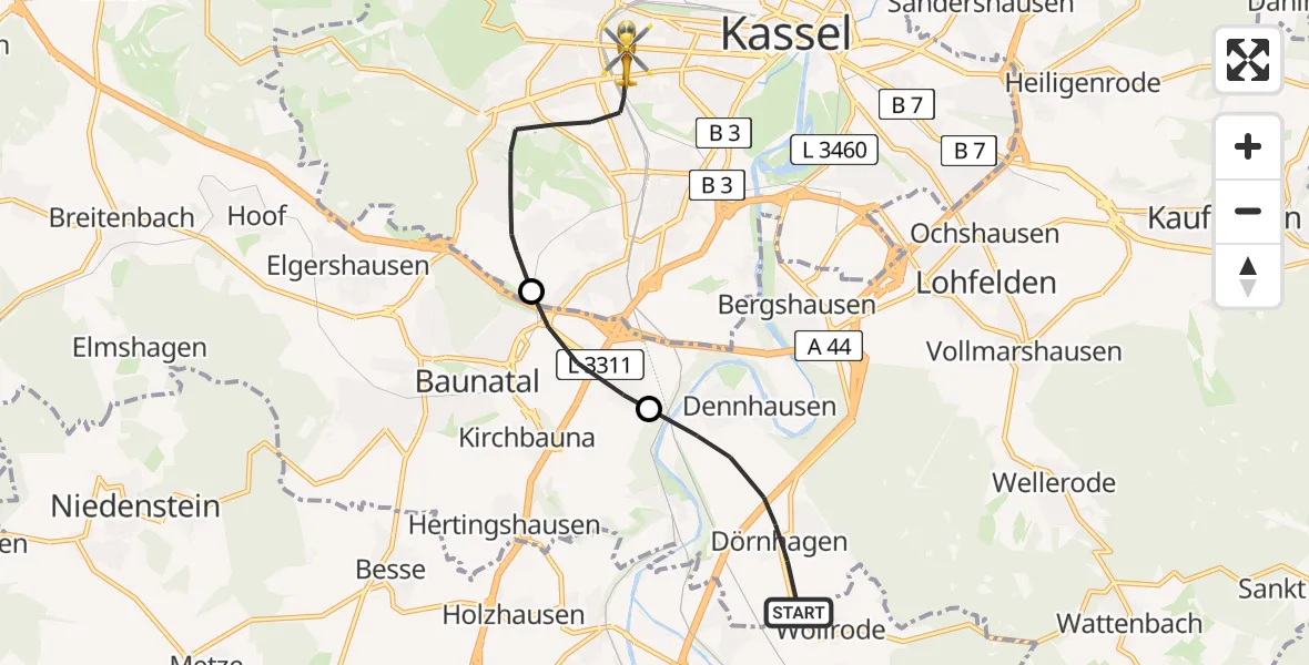 Flugroute Rettungshubschrauber Fuldabrück - Kassel, 30 Juni 2026, 13:54
