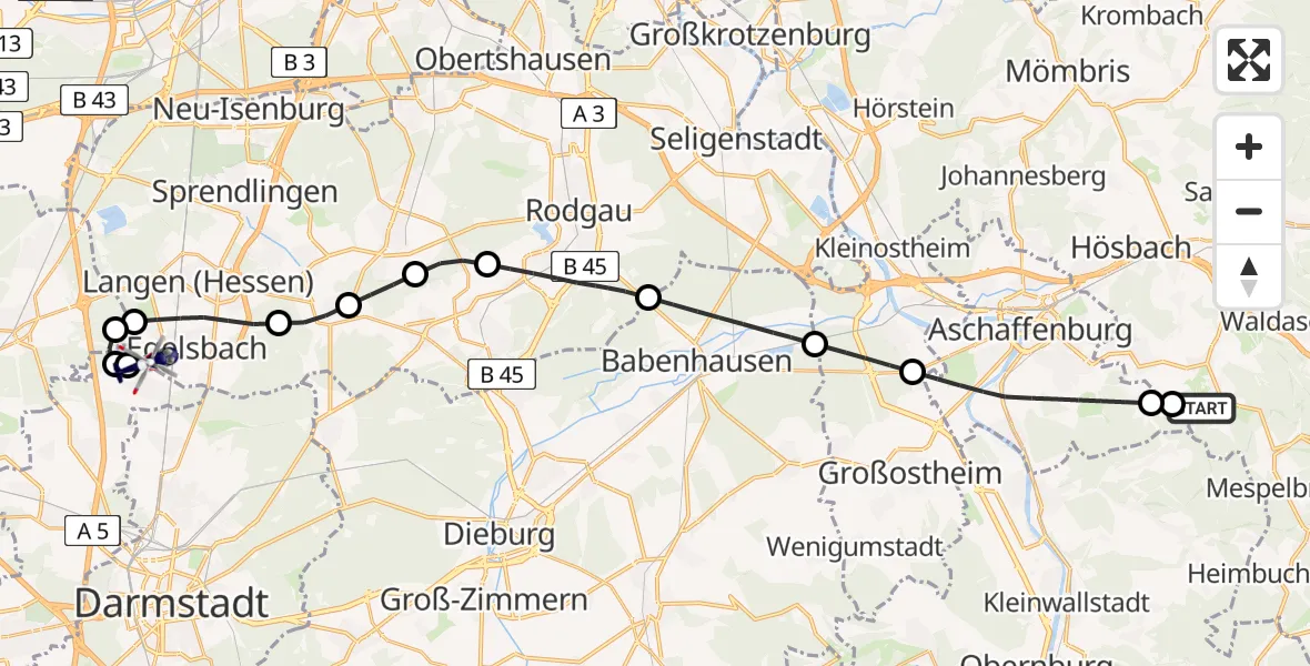 Flugroute Polizeihubschrauber Bessenbach - Flughafen Frankfurt-Egelsbach, 30 Juni 2026, 13:56