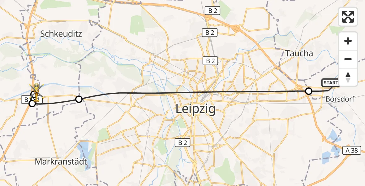 Flugroute Rettungshubschrauber Borsdorf - ADAC Air Rescue Station Leipzig/Schkeuditz-Dölzig Hubschrauberlandeplatz (Christoph 61), 30 Juni 2026, 13:56