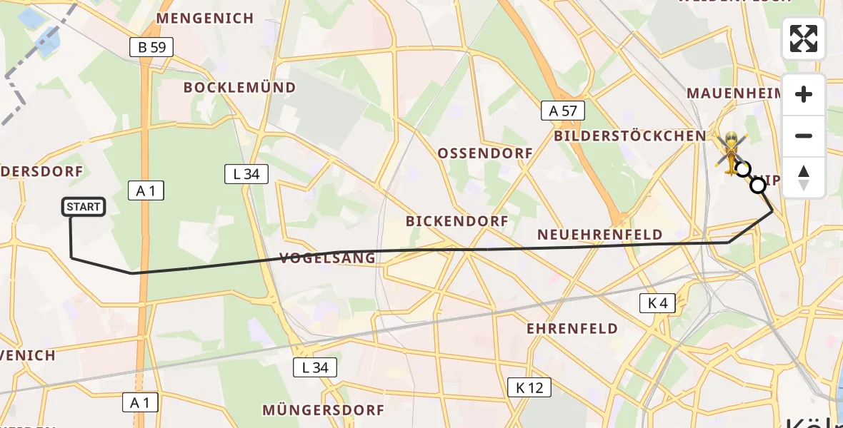 Flugroute Ambulanzhubschrauber Köln - Sankt Vinzenz Hospital, 30 Juni 2026, 14:01