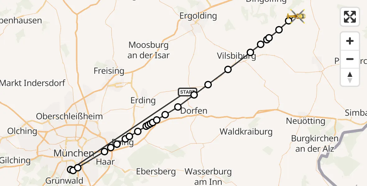 Flugroute Rettungshubschrauber Taufkirchen (Vils) - Reisbach, 30 Juni 2026, 14:02