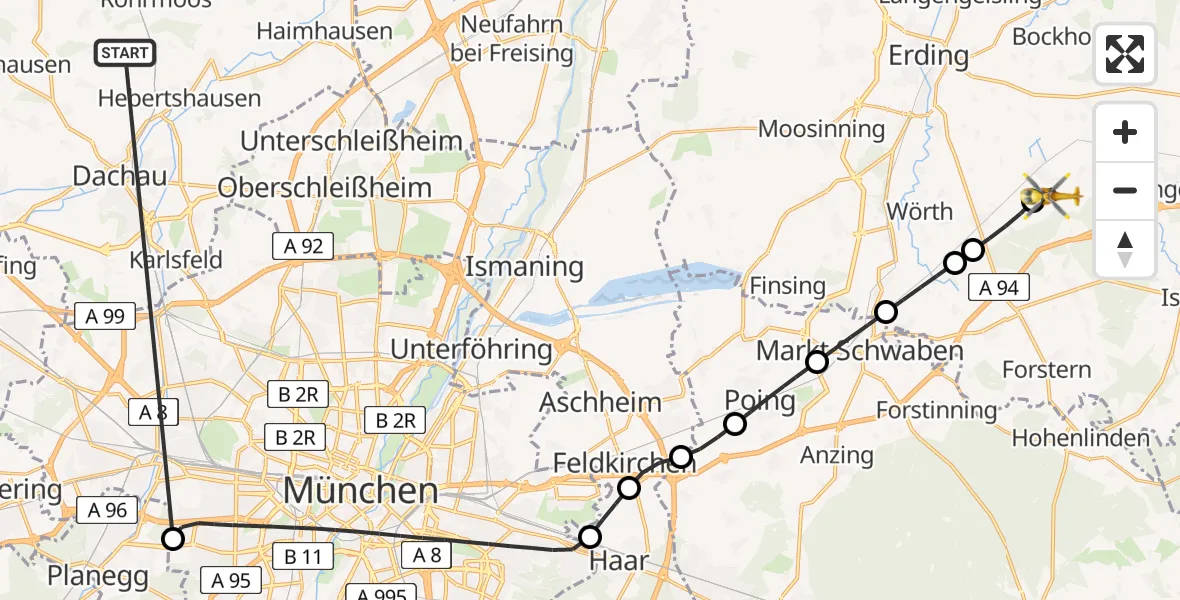 Flugroute Rettungshubschrauber Röhrmoos - Walpertskirchen, 30 Juni 2026, 14:03