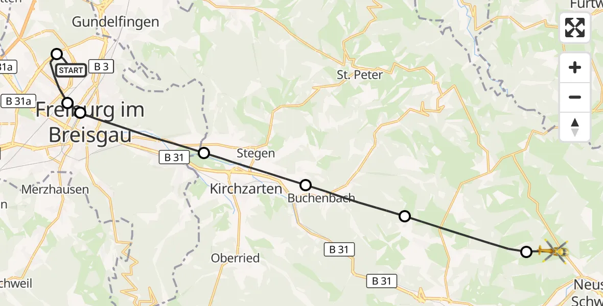 Flugroute Ambulanzhubschrauber Freiburg im Breisgau Flugplatz - Titisee-Neustadt, 30 Juni 2026, 14:10