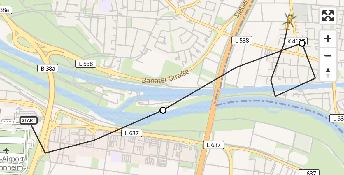 Flugroute Rettungshubschrauber Mannheim-City Flughafen - Ilvesheim, 30 Juni 2026, 14:12