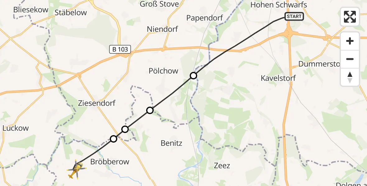 Flugroute Ambulanzhubschrauber Dummerstorf - Bröbberow, 30 Juni 2026, 14:14