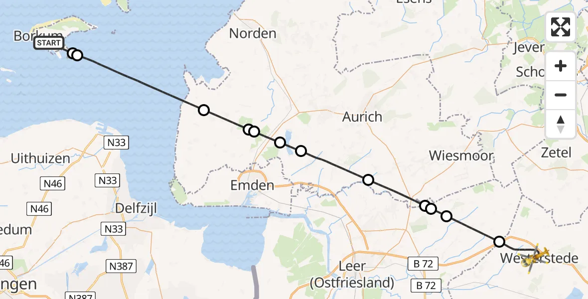 Flugroute Ambulanzhubschrauber Noordzee - Westerstede, 30 Juni 2026, 14:34