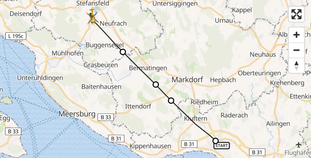 Flugroute Rettungshubschrauber Friedrichshafen Hospital - Salem, 30 Juni 2026, 14:37