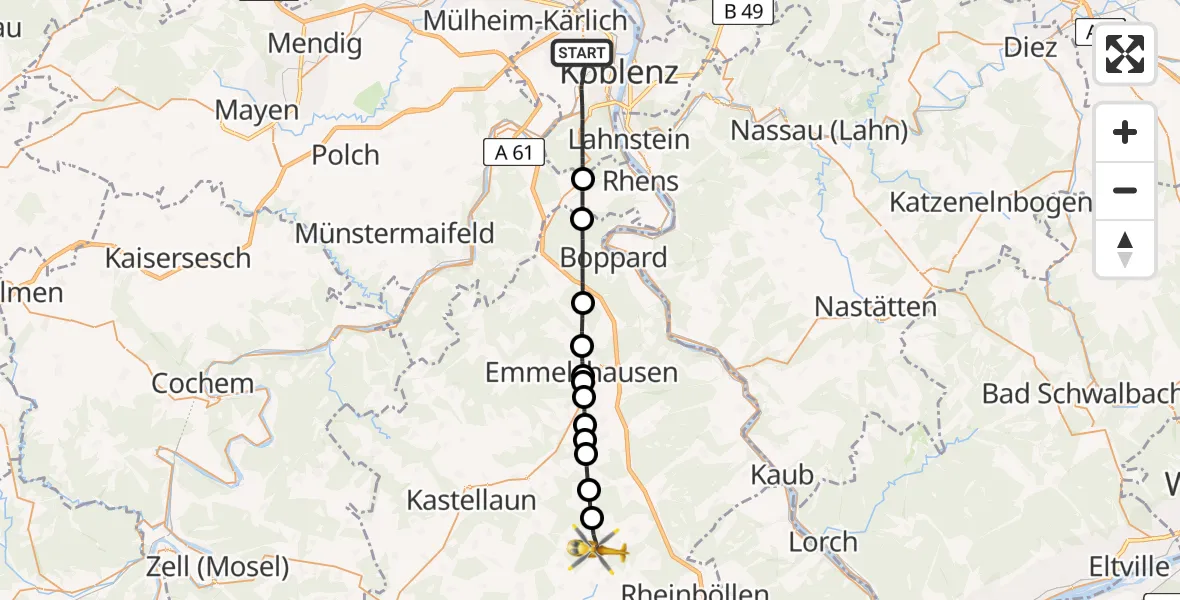 Flugroute Rettungshubschrauber Koblenz - Budenbach, 30 Juni 2026, 14:38