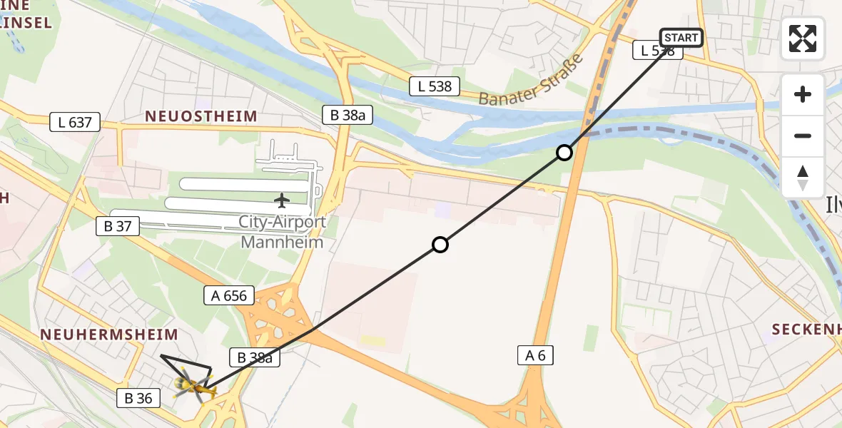 Flugroute Rettungshubschrauber Ilvesheim - Mannheim-City Flughafen, 30 Juni 2026, 14:40
