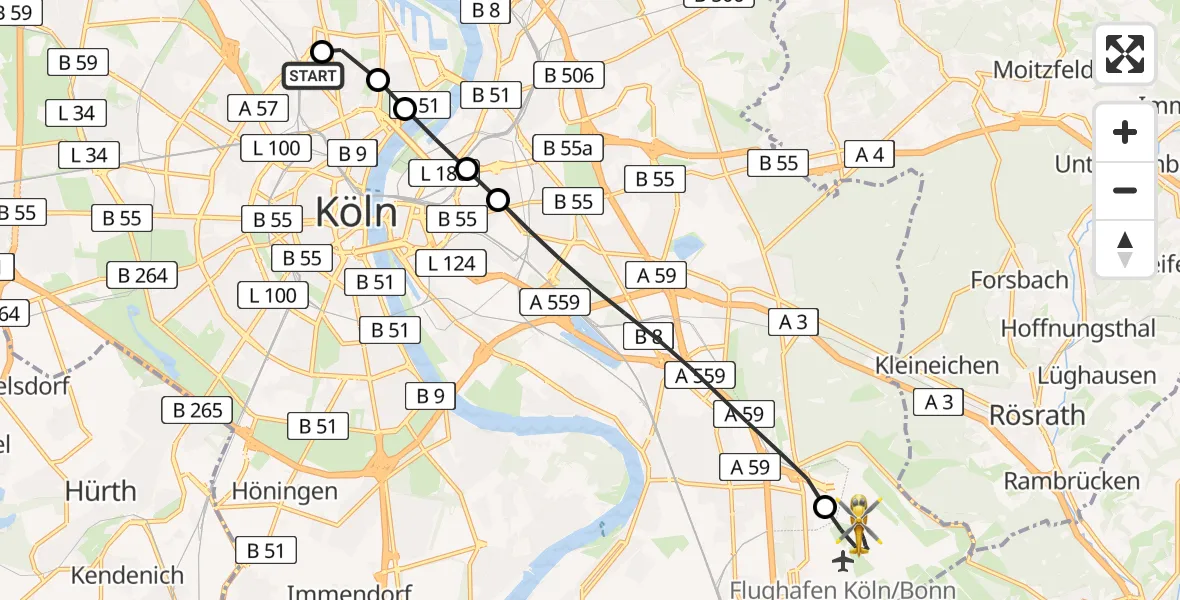 Flugroute Ambulanzhubschrauber Sankt Vinzenz Hospital - Köln Bonn Flughafen, 30 Juni 2026, 14:41