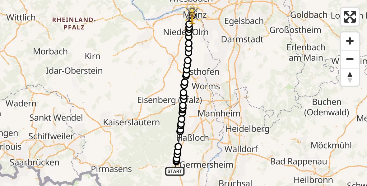 Flugroute Rettungshubschrauber Landau in der Pfalz - Mainz University Hospital, 30 Juni 2026, 14:42