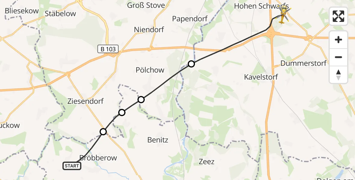 Flugroute Ambulanzhubschrauber Bröbberow - Dummerstorf, 30 Juni 2026, 14:48