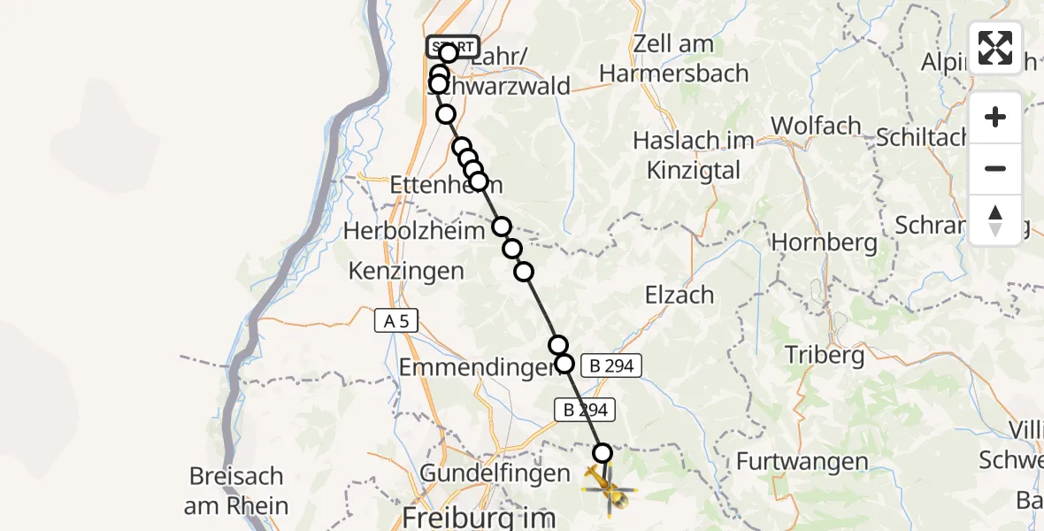Flugroute Rettungshubschrauber Lahr Flughafen - Glottertal, 30 Juni 2026, 14:49