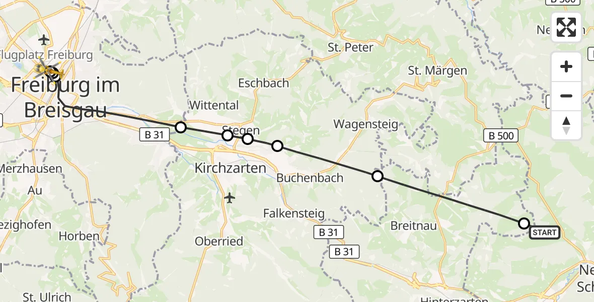 Flugroute Ambulanzhubschrauber Titisee-Neustadt - Freiburg University Hospital Heliport 1, 30 Juni 2026, 14:50