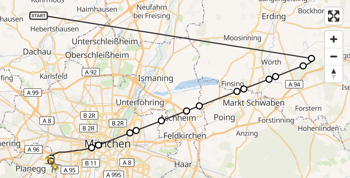 Flugroute Rettungshubschrauber Röhrmoos - DRF Air Rescue München Hubschrauberlandeplatz, 30 Juni 2026, 14:50
