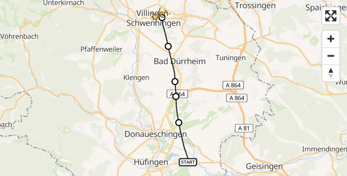 Flugroute Ambulanzhubschrauber Donaueschingen - DRF Air Rescue Station Villingen-Schwenningen Hubschrauberlandeplatz (Christoph 11), 30 Juni 2026, 14:52