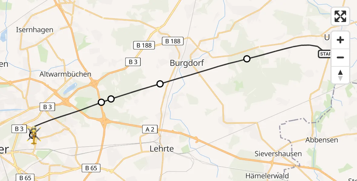 Flugroute Rettungshubschrauber Uetze - Hannover Luftrettung Hubschrauberlandeplatz (Christoph 4), 30 Juni 2026, 14:54