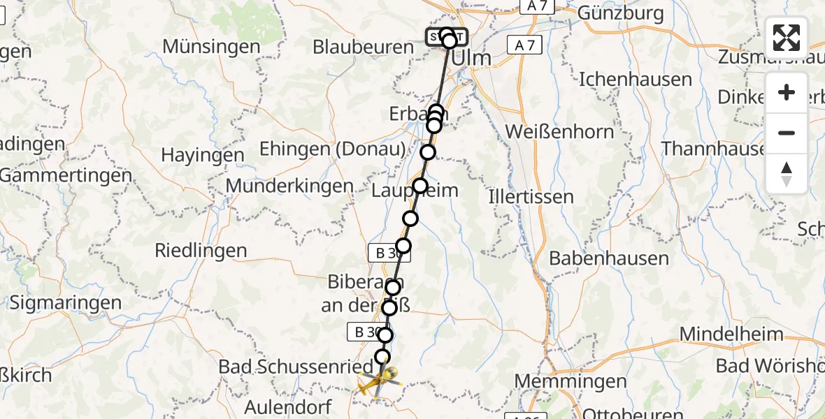 Flugroute Rettungshubschrauber Ulm Military Hospital Emergency - Eberhardzell, 30 Juni 2026, 14:59