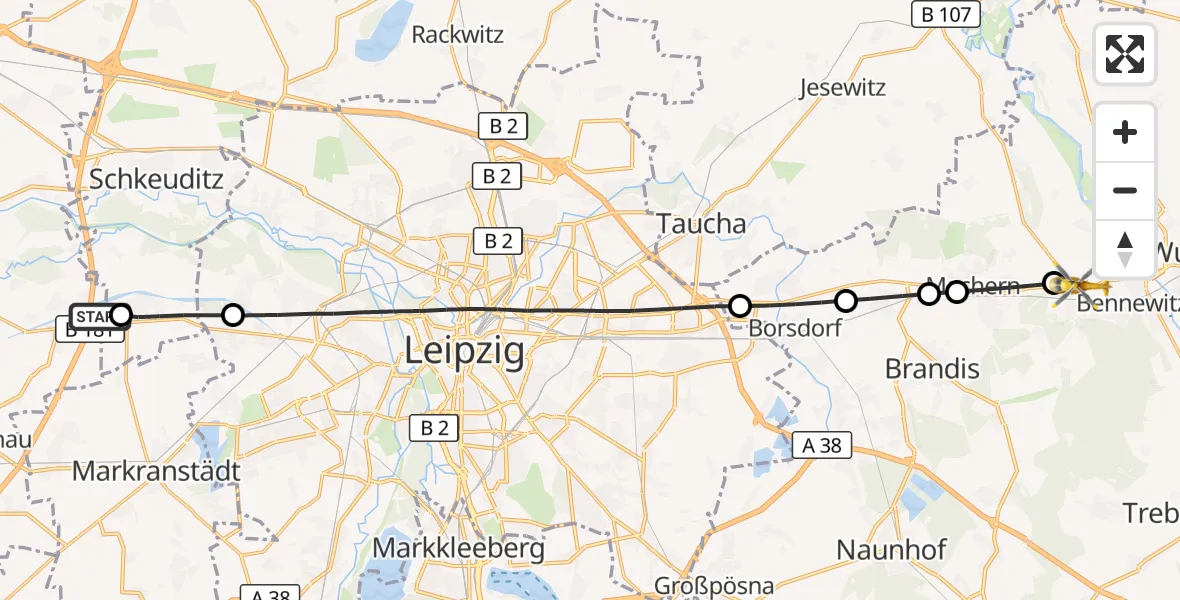 Flugroute Rettungshubschrauber ADAC Air Rescue Station Leipzig/Schkeuditz-Dölzig Hubschrauberlandeplatz (Christoph 61) - Bennewitz, 30 Juni 2026, 15:00