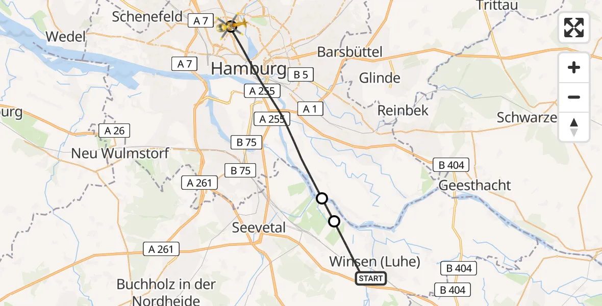 Flugroute Ambulanzhubschrauber Winsen (Luhe) - Universitätsklinikum Hamburg-Eppendorf Hubschrauberlandeplatz, 30 Juni 2026, 15:01