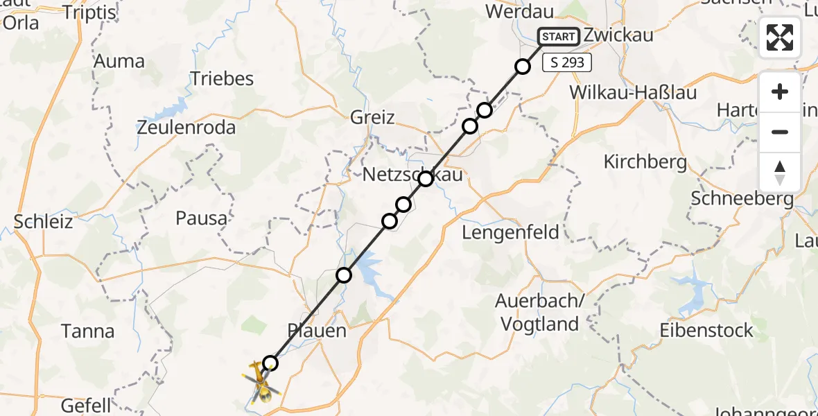 Flugroute Rettungshubschrauber Werdau - Weischlitz, 30 Juni 2026, 15:07