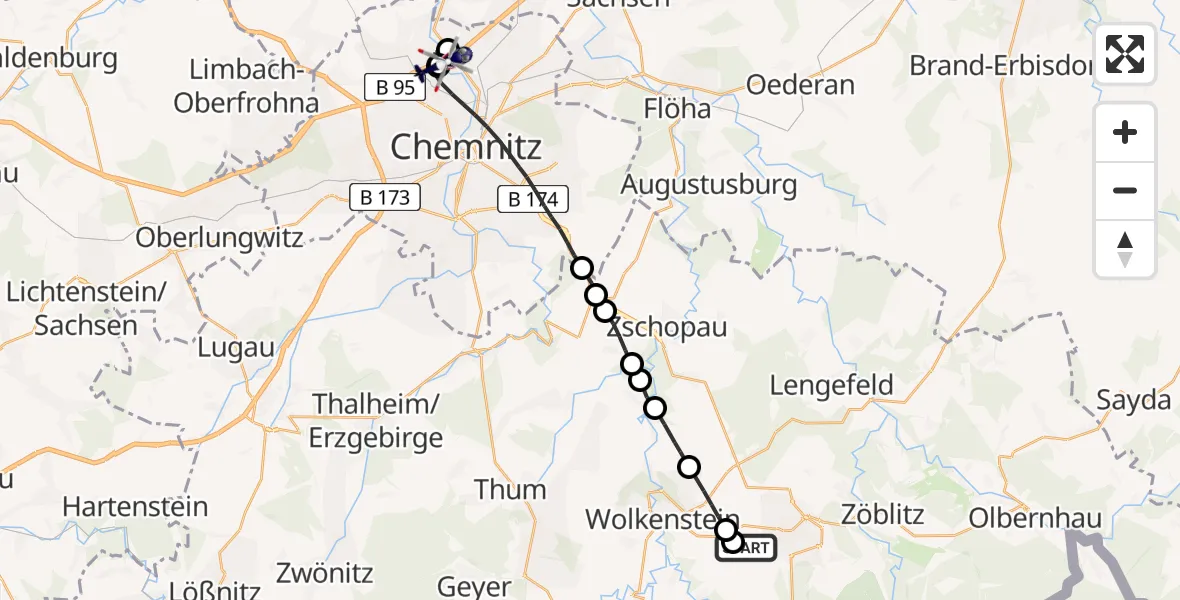 Flugroute Polizeihubschrauber Großrückerswalde Flugplatz - Chemnitz-Glösa Industrial Park Hubschrauberlandeplatz, 30 Juni 2026, 15:08