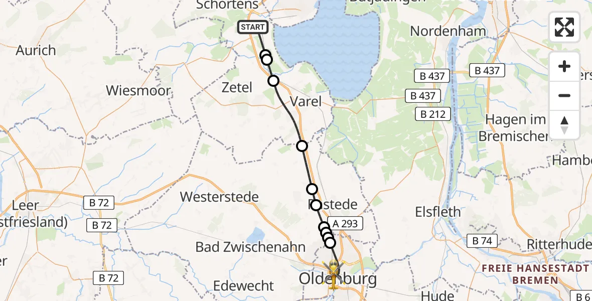 Flugroute Rettungshubschrauber Sande - Oldenburg (Oldb), 30 Juni 2026, 15:08