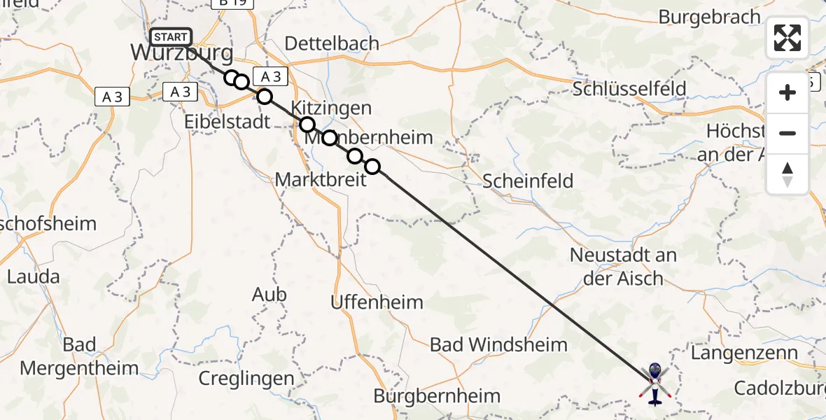 Flugroute Polizeihubschrauber Würzburg - Neuhof a.d.Zenn, 30 Juni 2026, 15:14