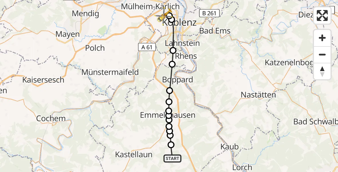 Flugroute Rettungshubschrauber Bubach - Koblenz, 30 Juni 2026, 15:19