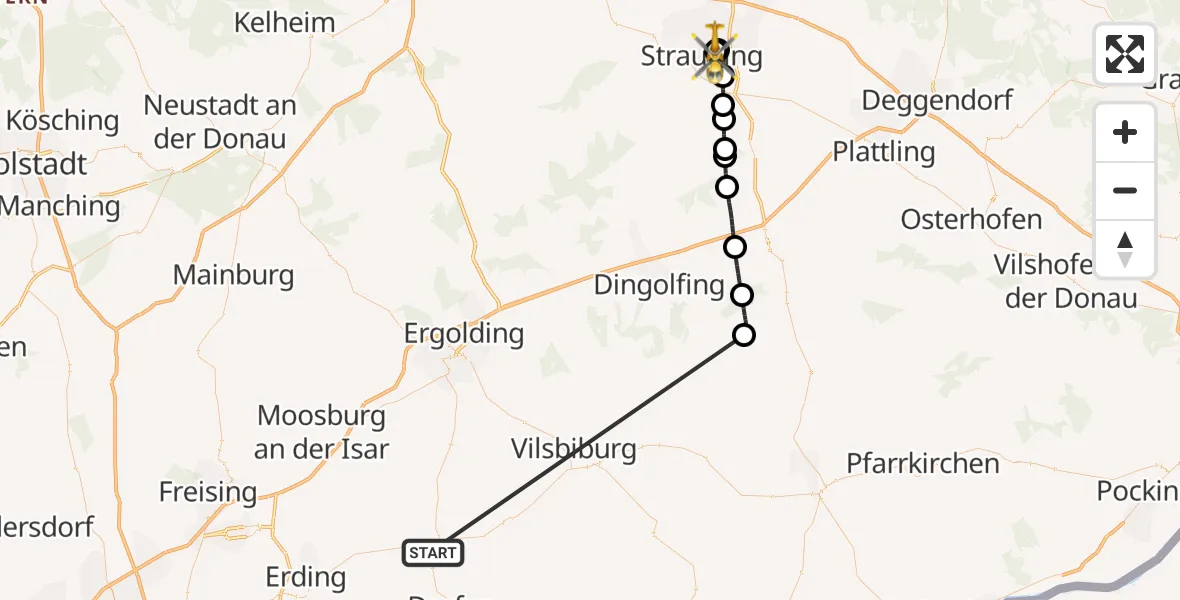 Flugroute Rettungshubschrauber Taufkirchen (Vils) - Sankt Elisabeth Hospital Straubing, 30 Juni 2026, 15:19